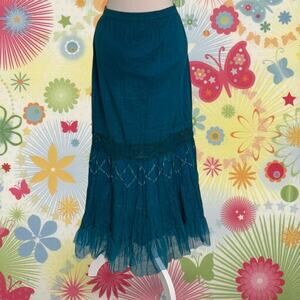 Blue Maxi Skirt  Boho cottage core embroidered pleated Units Size L 100% Cotton